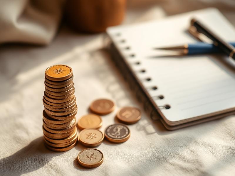 Stacked credit tokens beside a notebook and pen