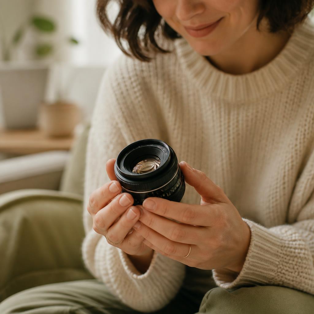 Person happily holding a new camera lens
