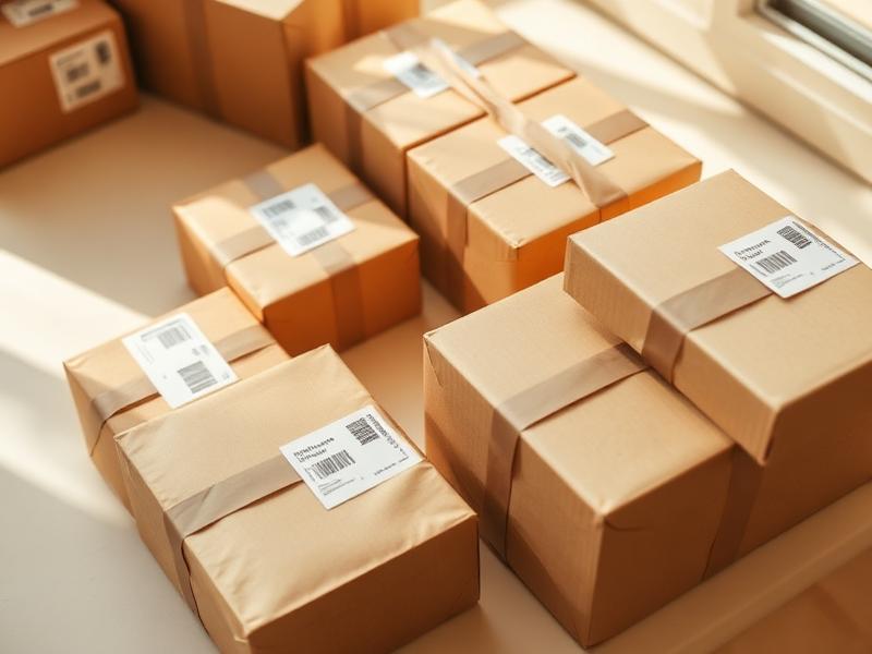 Kraft parcels with printed shipping labels ready for drop off
