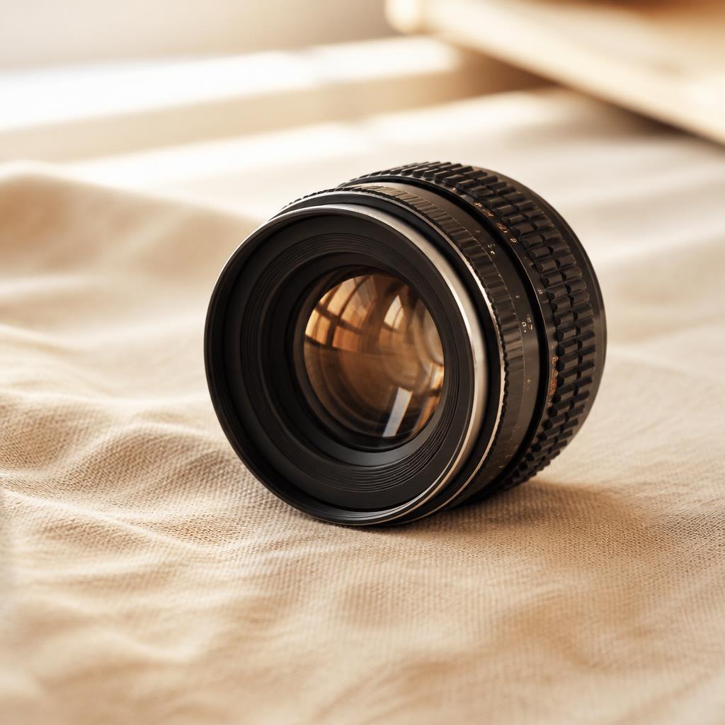 Vintage camera lens on a warm cream surface