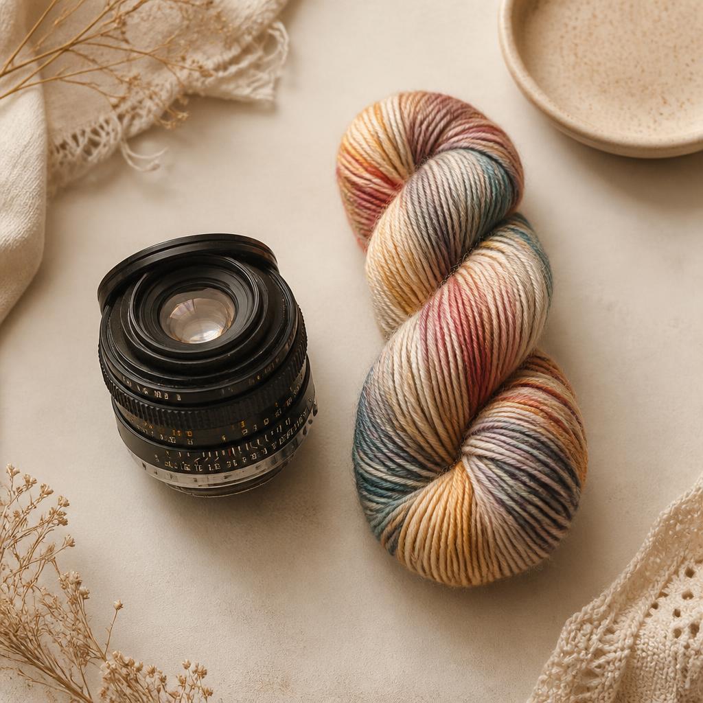 Camera lens next to a colorful yarn bundle